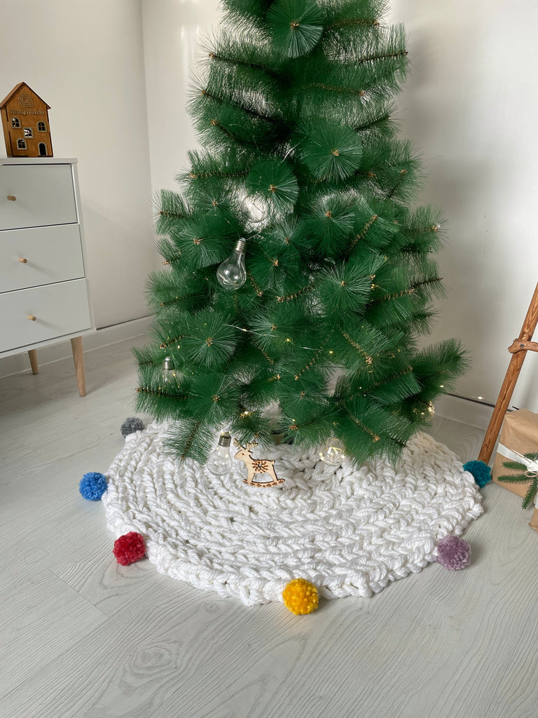 White Christmas tree skirt with colourful pompoms