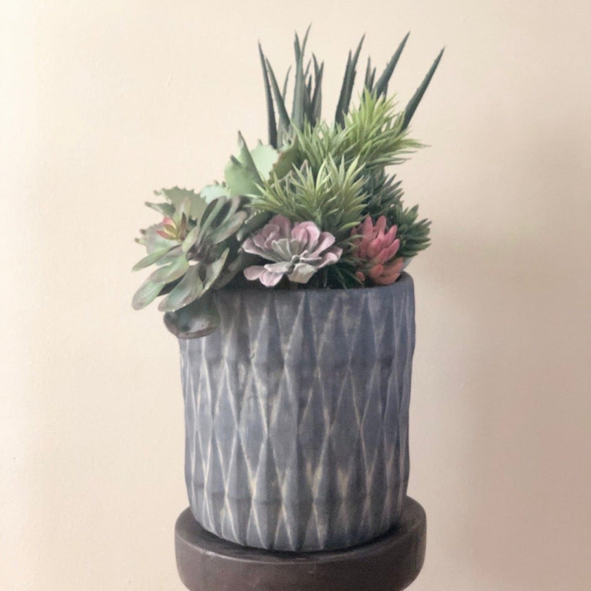 Tall cement planter w/ luxury faux succulents