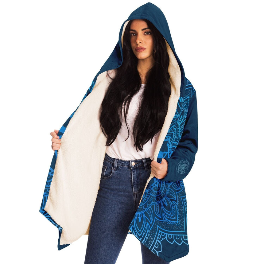 NEW! Throat Chakra Mandala Unisex Microfleece Cloak with Hood Cerulean Blue Infinity Sri Yantra Design jacket Goddess Swag™_64609f3e2f8fecb0f997d46b 